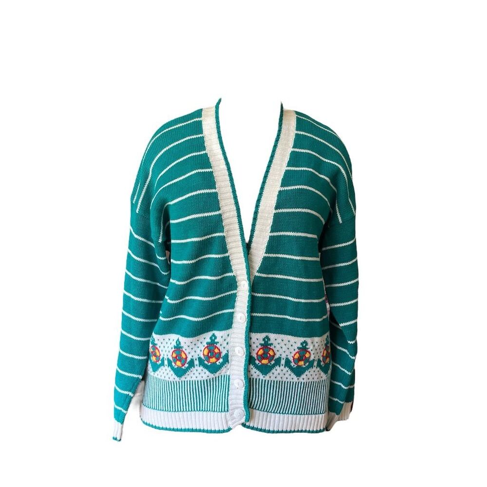 Vintage 1980s Nautical Teal & White Striped Cardigan Sweater L Women’s V-Neck